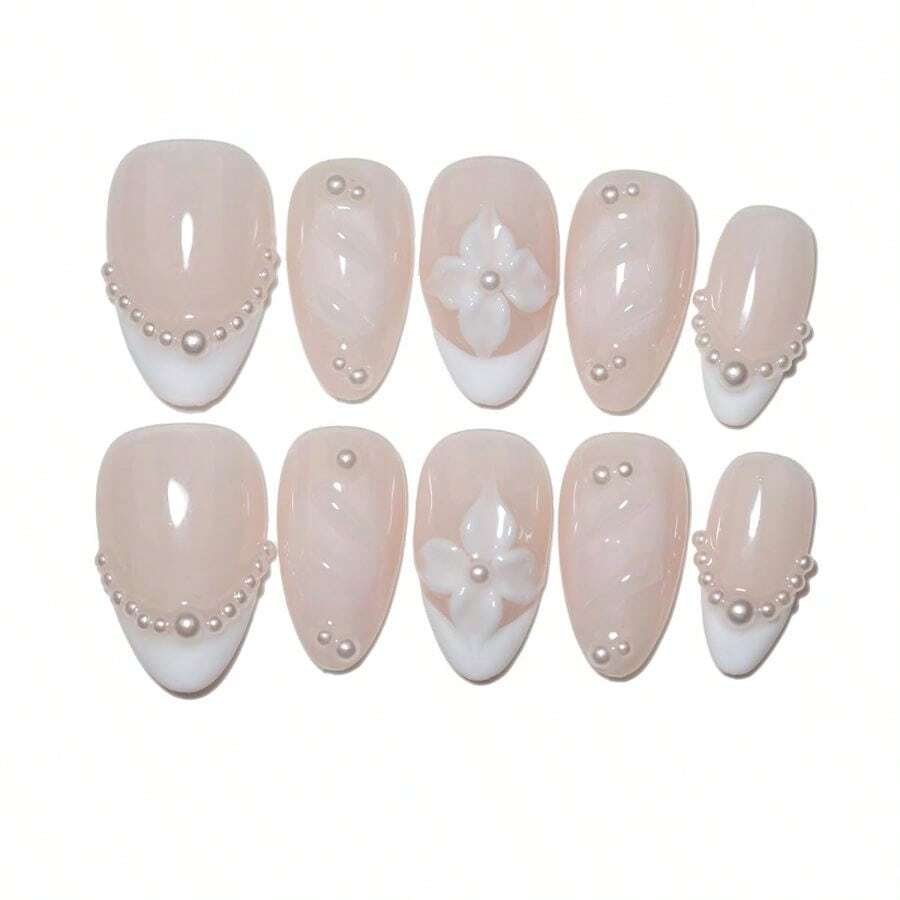 10Pcs Almond Handmade Press On Nails Floral Seashell Ombre Collection With 3D Decor Gold Bead Accents Reusable Easy To Apply Salon-Quality Fake Nails For Women And Girls (PZ04, S) - PZ04 + S - 查看 1