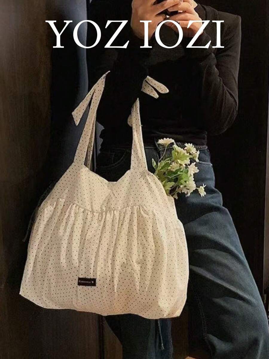 韩版波点帆布手提包,大容量可折叠通勤单肩包,适合大学生,百褶裙系带云朵包 - 白色 - 查看 1