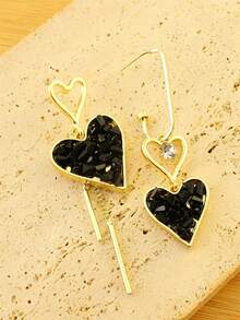 1 par de pendientes colgantes asimétricos de corazón negro con borlas románticas para mujer, joyería exagerada como regalo para el Día de San Valentín/Cumpleaños - Multicolor - Ver 2