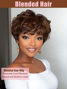 Glueless Blended Hair Perücke mit natürlichen braunen Highlights, lockige Welle, Pixie-Schnitt, glueless und ohne Spitze, 150% Dichte, kurzes Haar für den täglichen Gebrauch, Cosplay & Partys - Geeignet für alle - S4/27 - Übersicht 2