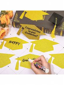 5pcs Graduation Signature Cards, Graduation Season Signature Cards, Doctorate Party Glitter Decorations, Black Glitter Cardstock, DIY Graduation Cap Decor Accessories, Suitable For Graduation Cap Decoration, Graduation Party Celebration Gifts - Multiple Styles - View 6