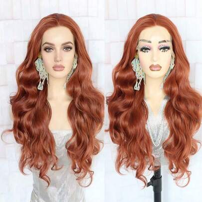 Tóc giả ren phía trước 13x4 không cần keo, dài, màu nâu mật ong và nâu đỏ, tóc giả tổng hợp dành cho nữ, kiểu gợn sóng, màu nâu vàng mật ong và nâu đỏ.