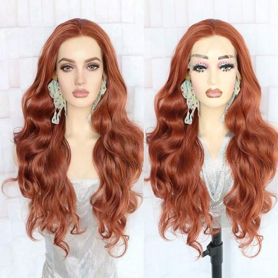 Tóc giả ren phía trước 13x4 không cần keo, dài, màu nâu mật ong và nâu đỏ, tóc giả tổng hợp dành cho nữ, kiểu gợn sóng, màu nâu vàng mật ong và nâu đỏ.