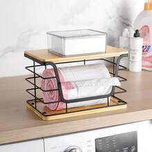 Storage Stackable Kitchen Laundry Organizers With Bamboo Top, Large Trash Bag Holder And Small Garbage Bag Dispenser For Countertop Organization - Bộ 1 chiếc - Đế tre cỡ XL màu đen - Xem 6