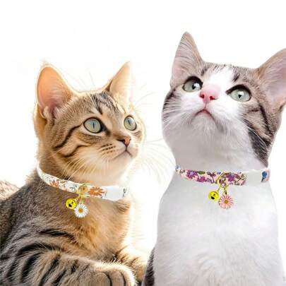 （2条装）棉质可脱卸猫项圈套装，带铃铛和花朵吊坠，花果图案，可调节尺寸7.5-11英寸