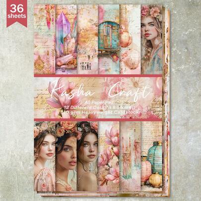 36 fogli A5 (sfondo corona di fiori rosa) carta per scrapbooking, adatta per bullet journal, collage, biglietti, album di ritagli e artigianato