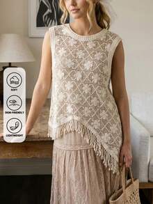 2026夏季女士波西米亚风流苏无袖上衣 - 圆领不对称下摆薄纱罩衫，适合假日派对、海滩度假、复活节和母亲节礼物 - 杏色 - 查看 3