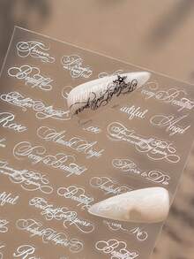 1片超薄柔韧白色草书美甲贴纸，哥特式英文短语美甲贴花，超薄凝胶美甲配件 - 白色 - 查看 1