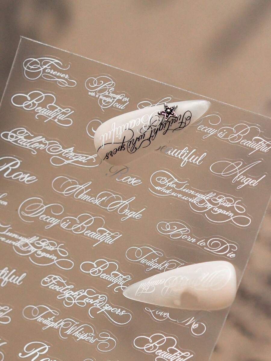 1片超薄柔韧白色草书美甲贴纸，哥特式英文短语美甲贴花，超薄凝胶美甲配件 - 白色 - 查看 1