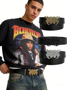 1pc Super Fashionable Black Flame Design Belt, Men's Punk Gothic Rock Band Style Accessory, Double Buckle - Multicolor - View 1