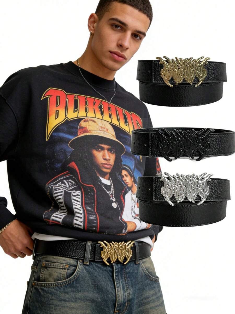 1pc Super Fashionable Black Flame Design Belt, Men's Punk Gothic Rock Band Style Accessory, Double Buckle - Multicolor - View 1