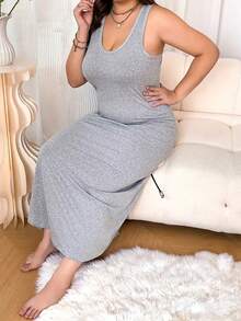 1pc Women's Elegant Lounge Dress, Plus Size Long Solid Color Round Neck Comfortable Strap Casual Loose Nightgown - Light Grey - View 5