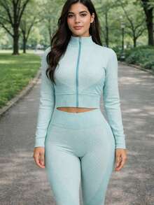 Choa Sport Conjunto deportivo de mujer de unicolor con sudadera de manga larga y pantalones largos, ajuste slim para gimnasio y entrenamiento, versátil y de moda - Azul menta - Ver 4