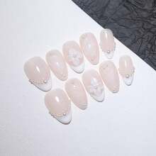10Pcs Almond Handmade Press On Nails Floral Seashell Ombre Collection With 3D Decor Gold Bead Accents Reusable Easy To Apply Salon-Quality Fake Nails For Women And Girls (PZ04, S) - PZ04 + S - 查看 3
