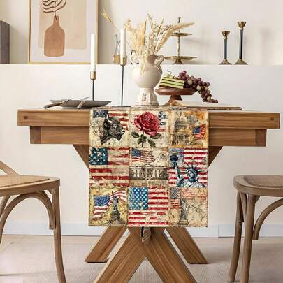 Vintage American 4th Of July Tablecloth, Retro Rose 250th Anniversary Independence Day Patriotic Party Decor Set, Home Kitchen Dining Table Decoration 13x35/13x47/13x59/13x72/13x90/13x108 Inches