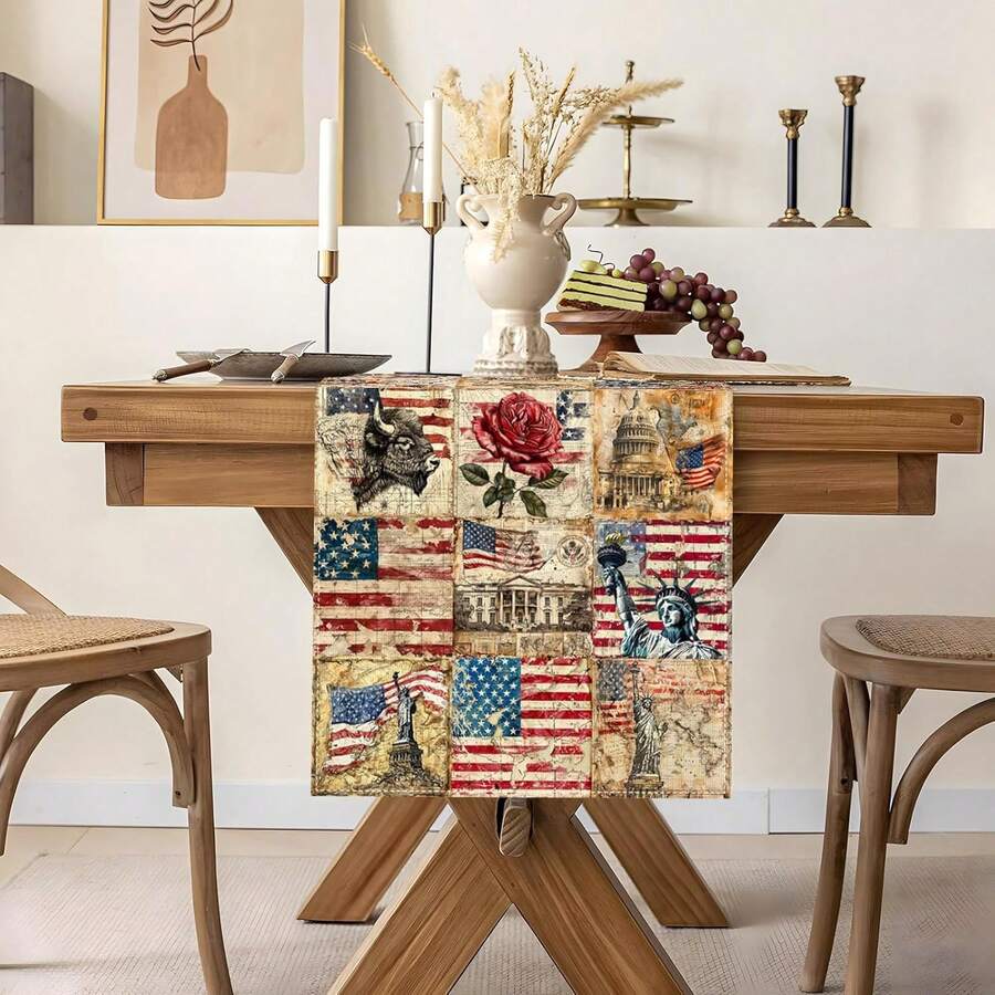 Mantel vintage americano del 4 de julio, conjunto decorativo patriótico retro de rosas del 250 aniversario del Día de la Independencia para fiestas, decoración de mesa de cocina y comedor de 13x35/13x47/13x59/13x72/13x90/13x108 pulgadas