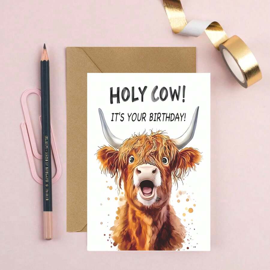 1 buc/2 buc felicitare de ziua de naștere/Crăciun cu o vacă Highland amuzantă - Design umoristic "Sfinte Vacă!", cadou pentru iubitorii de animale de fermă, prieteni și familie - Hârtie de carton de înaltă calitate cu textură confortabilă, cadouri de Crăciun - Seturi - Vizualizare 1