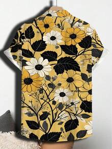Golden Blooming Floral Pattern Symbolizes Vitality And Optimism With Bold Black Leaves Blending Harmony In Nature 3D Print Casual Short Sleeve Hawaiian Men Shirt Beach Summer Button Down Top - trắng - Xem 2
