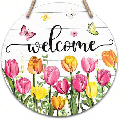 1 tấm bảng gỗ tròn - Phong cách nhà nông thôn với hoa tulip mùa xuân và bướm, trang trí cửa chào đón, bảng gỗ treo tường mộc mạc cho nhà cửa, sân vườn và trang trí lễ Phục sinh.