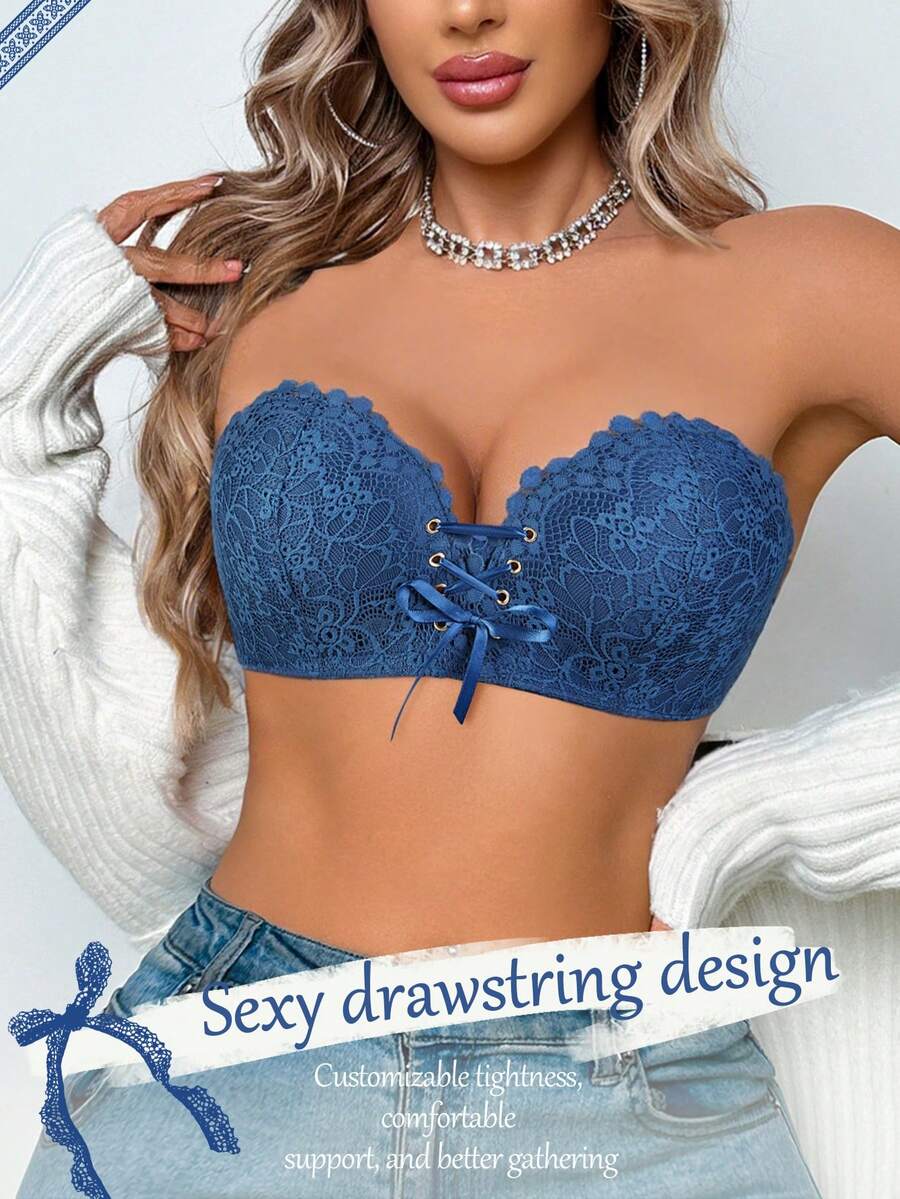 Women's Blue Lace Strapless Wireless Bra - Drawstring Gathering, Breathable & Comfortable, Suitable For Vacation Wear