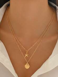 1件简约双层贝壳海星吊坠项链，适合海滩和度假佩戴 - 金黃色 - 查看 1