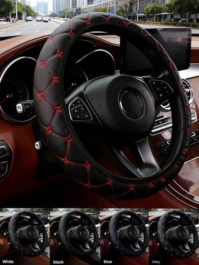 1 pieza Funda de volante de coche de cuero PU bordada, suave y cómoda, antideslizante y transpirable, se ajusta a la mayoría de sedanes, vehículos, SUV, universal de 15 pulgadas, accesorio interior de coche unisex