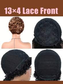 Glueless Blended Hair Perücke mit natürlichen braunen Highlights, lockige Welle, Pixie-Schnitt, glueless und ohne Spitze, 150% Dichte, kurzes Haar für den täglichen Gebrauch, Cosplay & Partys - Geeignet für alle - S4/27 - Übersicht 8