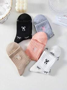 1/5 Pairs Pink & Multi-Color Bow Tie Short Socks, Cute Mid-Calf Socks, Soft & Comfortable, Suitable For Daily Wear, Outdoor Activities, All Seasons Sports, Minimalist & Fun Socks, Holiday Gift, Photo Prop, Pink, Cute - Multicolor - View 4
