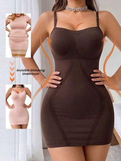 1 pièce Robe sculptante marron sans couture à bretelles réglables, levage de la taille et de l'abdomen, façonnage du corps complet, convient pour l'été, les occasions quotidiennes et les occasions formelles