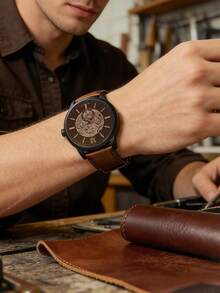 Fossil Townsman ME3155 男士黑色离子镀不锈钢黑色镂空表盘自动机械皮表 - 棕色 - 查看 2