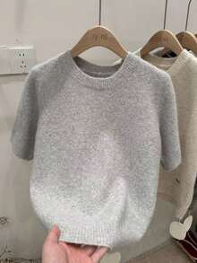 Casual Minimalist Gray Knit Top, Cropped Round Neck, Drop Shoulder Short Sleeve, Ribbed Knit Trim, Comfortable & Versatile Summer - 灰色 - 查看 9