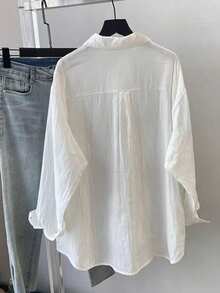 Women's Spring/Summer Fashion White Button-Up Shirt, Dropped Shoulder Long Sleeve Blouse, With Pockets, Woven Fabric, Loose Fit, Casual & Comfortable Regular Length Top - White - View 4