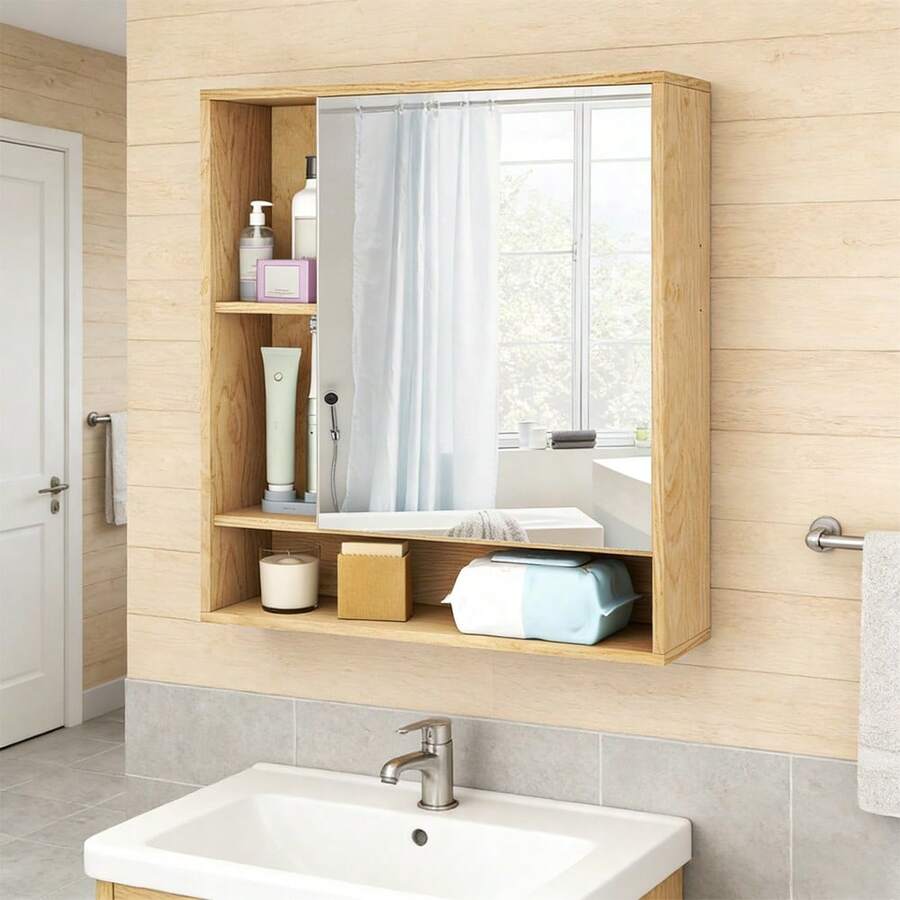 Wall Mounted Bathroom Cabinet With Mirror Single Door 3-Position Adjustable Shelf Hidden And Open Storage For The Bathroom, Living Room Or Entryway - 自然的 - 查看 1