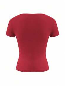 Vaiaye 女士春夏纯色V领短袖性感收腰Y2K修身T恤，适合日常休闲穿着 - 酒紅色 - 查看 4