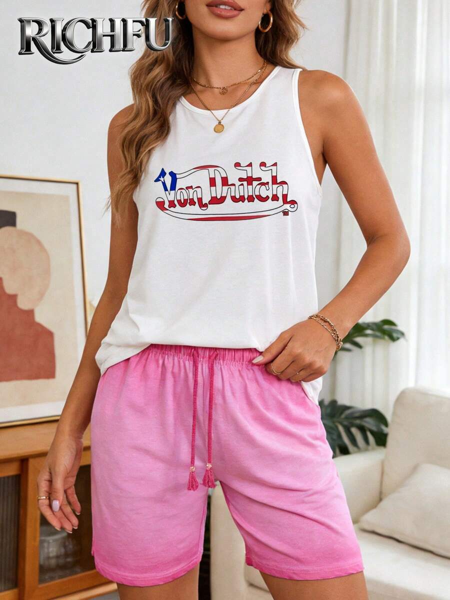 Von Dutch,Casual Two Piece Set,Women's Breathable & Comfortable Casual Set,Crew-Neck Pure Cotton Tank Top And Washed Shorts (With Pockets) - Versatile Wardrobe Essential - White + Pink - View 1