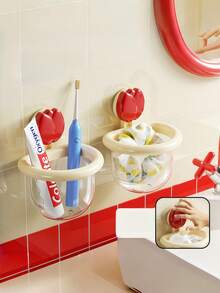 1pc Tulip Shaped Suction Cup Bathroom Storage Basket, Dopamine Cute Organizer Rack, Kitchen/Bathroom Jewelry & Cosmetic Storage, Plastic Countertop Sink Storage Box, Bathroom Sink Wall-Mounted Breathable Organizer Rack, Modern Style - Tulip - View 3