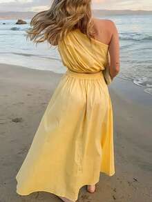 1pc Women Leisure Vacay Woven Fabric Casual Suit, Suitable For Spring/Summer Holiday - Pale Yellow - View 2