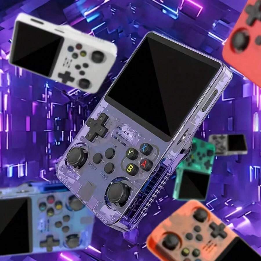 The R36S Retro Handheld Game Console Features A 3.5-Inch Screen, Classic Entertainment Experience, 64GB Of Storage, USB Charging, A Rechargeable Battery, And Instant Play.