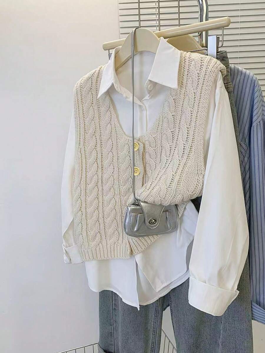 女士休闲通勤针织背心，纽扣开襟，适合春、夏、秋季穿着。 - 杏色 - 查看 1