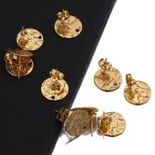 10颗不锈钢圆形耳钉，不对称浮雕空白耳钉，带孔，DIY珠宝配件 - 金黃色 - 查看 2