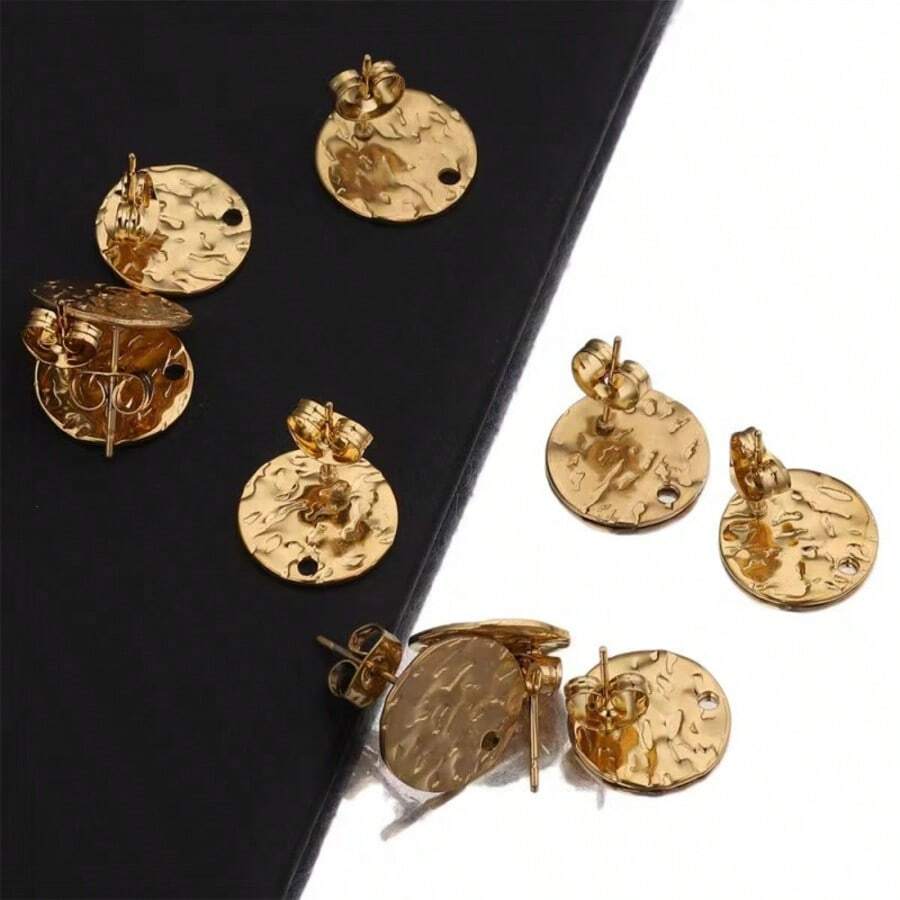 10颗不锈钢圆形耳钉，不对称浮雕空白耳钉，带孔，DIY珠宝配件