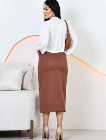 Women's Elegant Tailored Midi Skirt With Belt - 鏽棕色 - 查看 4