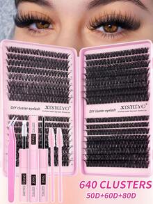 640片簇状假睫毛，浓密卷翘睫毛嫁接套装，D型卷翘，10-16mm混合长度，DIY睫毛嫁接套装，蓬松柔软的单根睫毛，打造丰盈自然的Y2K蝴蝶妆效，在家轻松DIY，持久睫毛胶水，DIY卸妆液，DIY镊子，簇状睫毛（10D+20D+30D+40D/30D+40D+50D+60D/50D+60D+80D+100D） - 彩色 - 查看 13