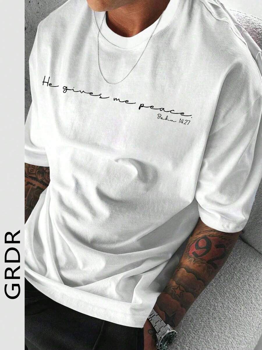 GRDR 男士夏季泰文字母元素印花圆领短袖T恤，休闲款 - 白色 - 查看 1