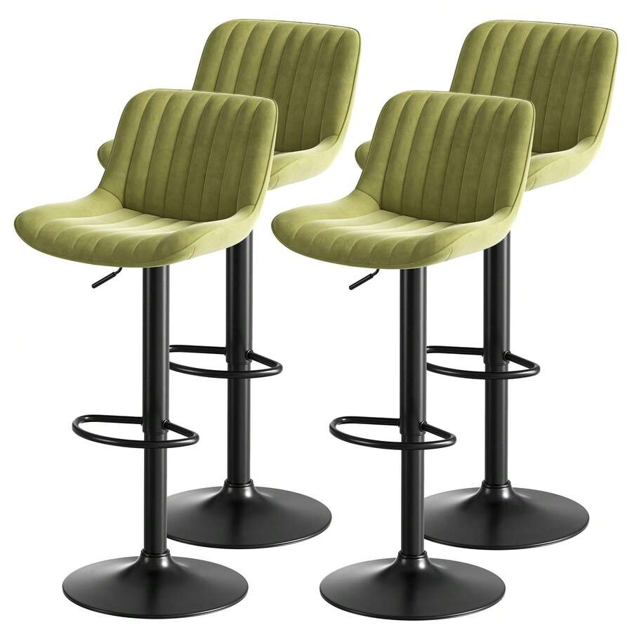 Set Of 4 Green Swivel Bar Stools For Dining Room – Velvet Upholstery, Adjustable Height, 360° Rotation - Green + Iron + Metal and Wood + Velvet + Foam + 4 - View 1