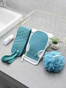 Bộ dụng cụ chà lưng tẩy tế bào chết chuyên nghiệp 3 trong 1 hai lớp dày dặn với cát thô – Khăn tắm dài, bông tắm, găng tay chà rửa cho nam và nữ, loại bỏ tế bào chết mạnh mẽ không gây đau rát, bộ dụng cụ vệ sinh phòng tắm. - Màu xanh lam - Xem 1