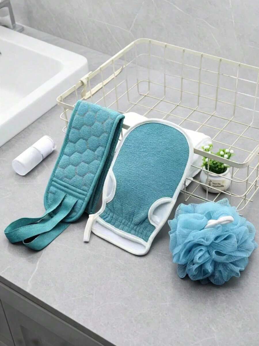 Bộ dụng cụ chà lưng tẩy tế bào chết chuyên nghiệp 3 trong 1 hai lớp dày dặn với cát thô – Khăn tắm dài, bông tắm, găng tay chà rửa cho nam và nữ, loại bỏ tế bào chết mạnh mẽ không gây đau rát, bộ dụng cụ vệ sinh phòng tắm. - Màu xanh lam - Xem 1