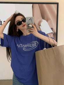 Kaos Wanita Longgar dengan Motif Huruf Rhinestone dan Bahu Jatuh, Kasual Musim Panas - Navy Blue - View 10