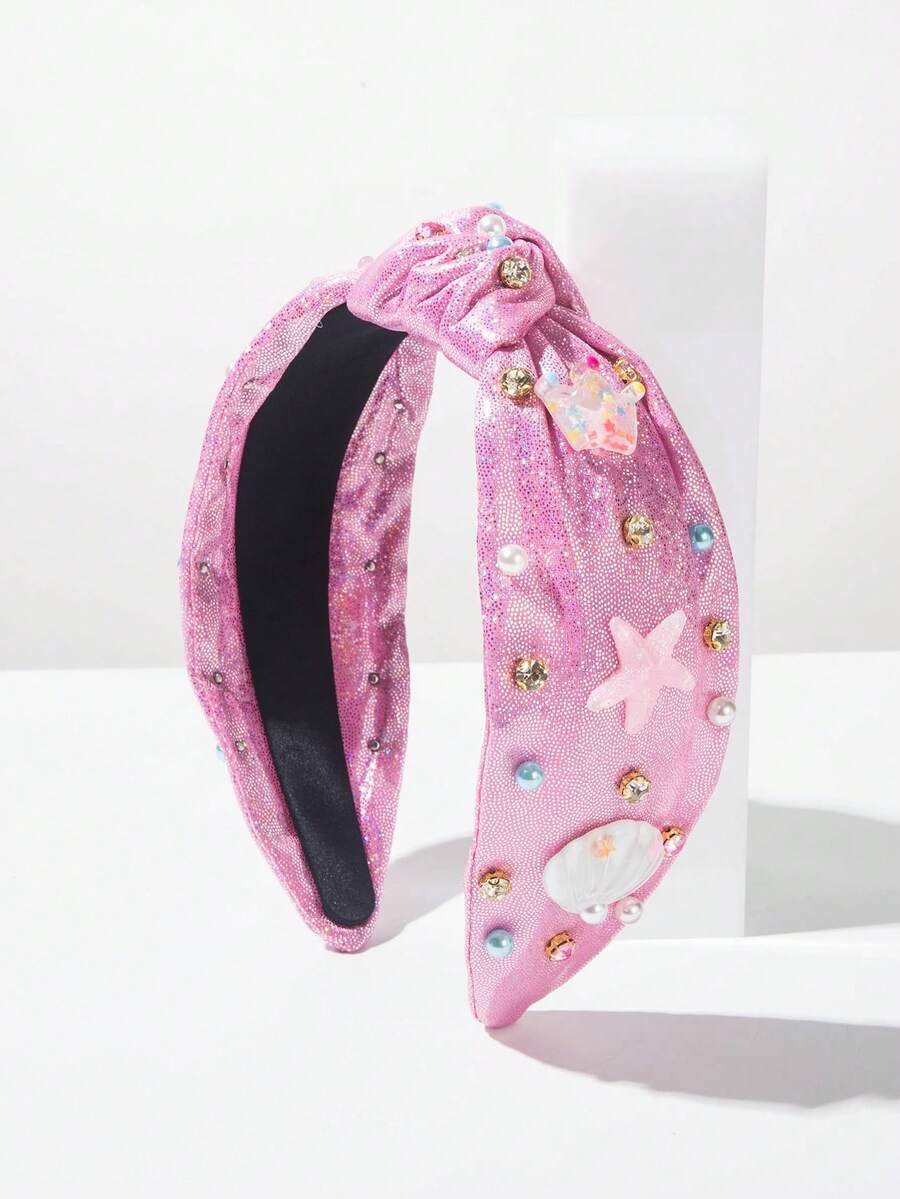 1 pieza Diadema ancha con nudo de tela con lentejuelas de unicolor estilo coreano, corona de piedras preciosas minimalista, decoración de estrella de mar y concha, accesorio de cabello elegante y dulce, adecuado para el verano, accesorios de viaje para mujeres