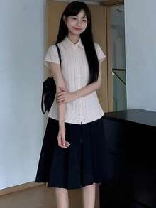 韓式甜美條紋收腰花瓣袖上衣，獨特設計修身襯衫上衣，夏季粉紅色 - 粉色 - 查看 3